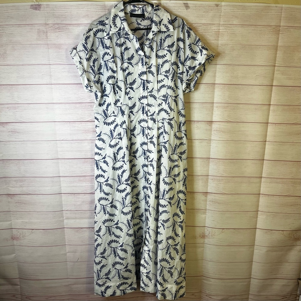 Zarr Collection Navy Blue White Eyelet‎ Leaf Pattern 100% Cotton Dress 14